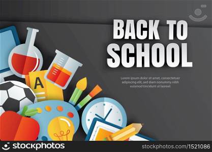 Back to school banner with education items on black background in paper art style.