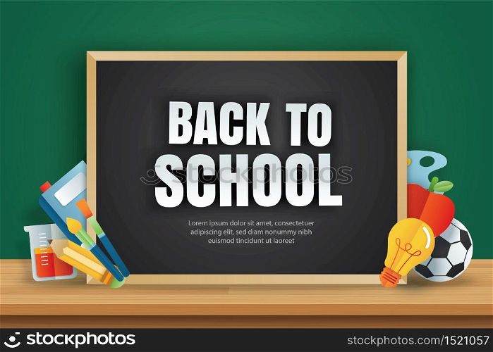 Back to school banner with education items on black chalkboard background in paper art style.