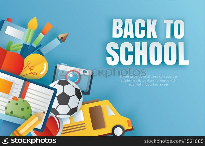 Back to school banner with education items on blue background in paper art style.