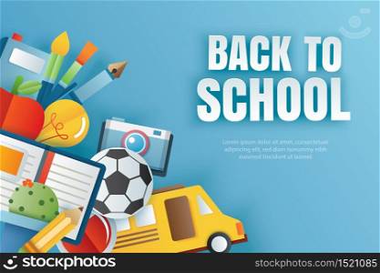 Back to school banner with education items on blue background in paper art style.