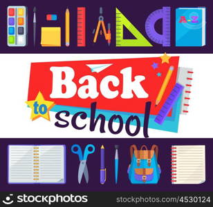 Back to School Banner with Learning Accessories. Back to school banner with learning accessories as bags, pens and pencils, different rulers, clock and compass divider vector illustration sticker