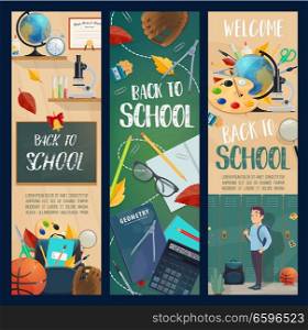 Back to School banners for autumn education or seasonal sale. Vector design of school boy with backpack at lockers, fall leaf on chalkboard and study stationery or basketball and rugby ball. Back to School season vector banners