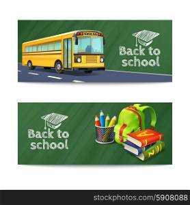 Back To School Banners Set. Back to school horizontal banners set with bus rucksack and books realistic isolated vector illustration
