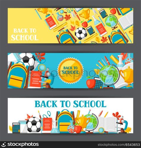 Back to school banners with education items.. Back to school banners with education items. Illustration of colorful supplies and stationery.
