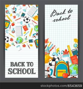 Back to school banners with education items.. Back to school banners with education items. Illustration of colorful supplies and stationery.