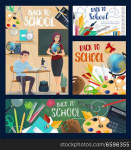 Back to school banners with geography teacher and student at desk during lesson. Textbook and globe, palette and copybook, calculator and microscope, chalkboard and flasks, baseball glove vector. Back to school posters with student and teacher