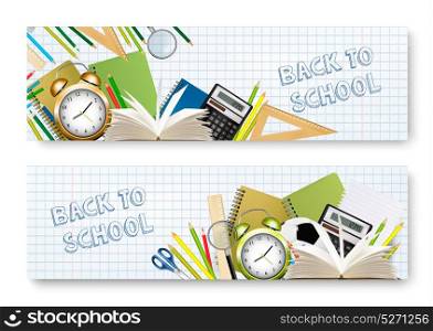 Back to School banners With Supplies Tols and Chalkboard. Layered Vector