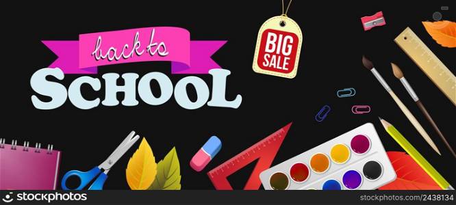 Back to school, big sale lettering with colorful supplies. Offer or sale advertising design. Handwritten and typed text, calligraphy. For leaflets, brochures, invitations, posters or banners.