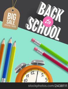 Back to school big sale poster design with pencils, alarm clock and tag on mint and black background. Text can be used for signs, flyers, banners