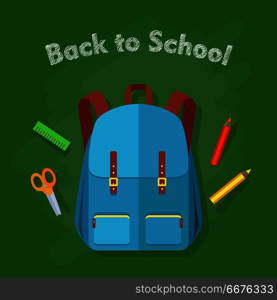 Back to School. Blue Backpack with Two Pockets.. Back to school. Contemporary blue backpack with two pockets and school objects behind. Green ruler, red and yellow pencil, orange scissors. Illustration in cartoon style. Flat design. Vector