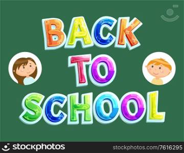 Back to school, boy and girl in white circle frames vector. Poster with classmates, schoolboy and schoolgirl, september autumn season, schooling time. Back to School, September Again Schoolchildren