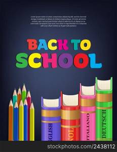 Back to school brochure design with books and colorful pencils. Text can be used for signs, posters, banners