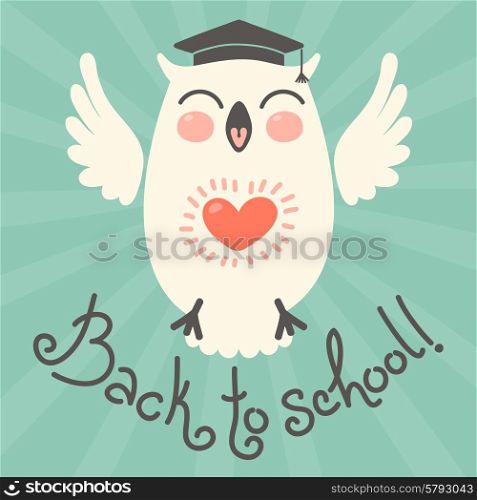 Back to school. Card with an owl. Hand drawn vector illustration.