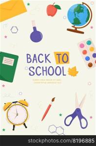Back to school card with colorful school supplies. Colorful back to school templates for invitation, poster, banner, promotion, sale. School supplies cartoon illustration. Back to school card with colorful school supplies. Colorful back to school templates for invitation, poster, banner, promotion, sale. School supplies cartoon illustration.
