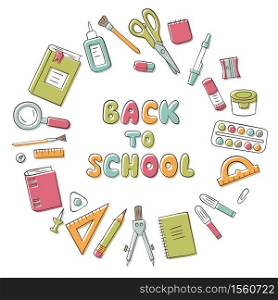 Back to school. Card with lettering and set of school element in doodle and cartoon style. Stationery. Vector llustration on white background. Back to school. Card with lettering and set of school element in doodle and cartoon style.