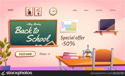 Back to school cartoon landing page with special promo sale offer. Empty classroom with chemistry studying stuff or textbooks on student desk and blackboard, vector web banner, price off advertisement. Back to school cartoon landing with special offer