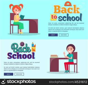 Back to School Cartoon Style Posters on Light Blue. Back to school set of cartoon style posters isolated on light blue background. Vector illustration of female teacher and smiling student raising hand