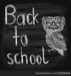 back to school chalk drawn background with owl on blackboard, fully editable eps 10 file with transparency effects