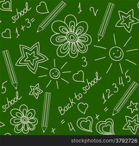 Back to school. Chalk-drawn seamless pattern on a green blackboard