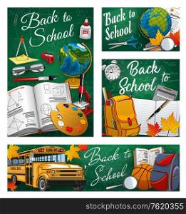 Back to School chalkboard posters, education and study supplies on green board. Vector back to school stationery, pen and pencil with school bus and student bag, clock and classes items. Back to School, bus and stationery supplies