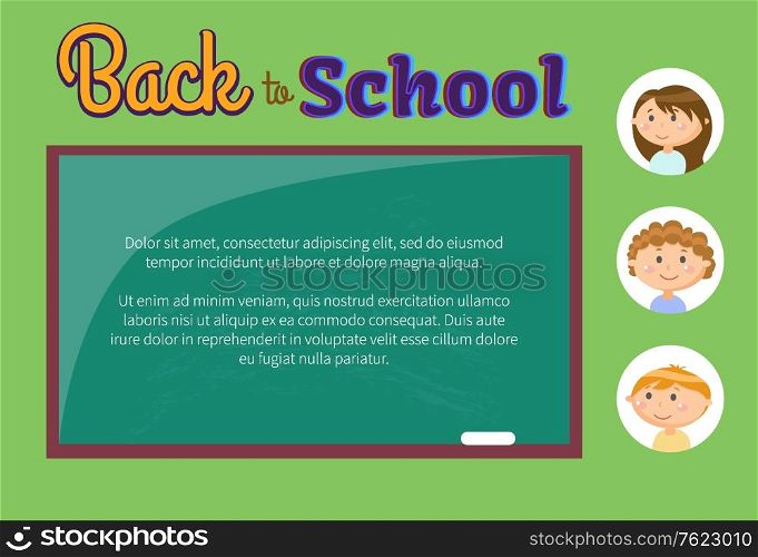 Back to school, chalkboard with chalk and pupils or children vector. Girls and boys, classroom furniture and students or kids, education and knowledge. Chalkboard and Pupils or Children, Back to School