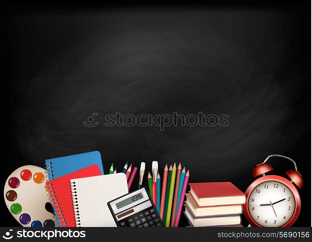 Back to school.Chalkboard with school supplies. Vector.