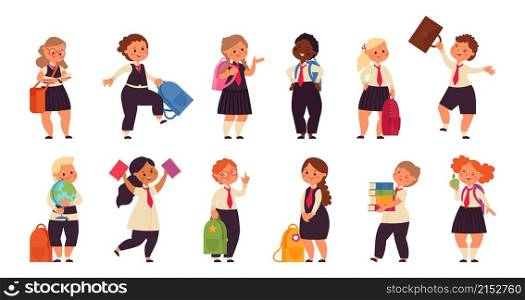 Back to school characters. Cartoon smart kids, boys girls with backpack. Isolated cute smiling children students, education decent vector set. Character teenager people, girl and boy illustration. Back to school characters. Cartoon smart kids, boys girls with backpack. Isolated cute smiling children students, education decent vector set