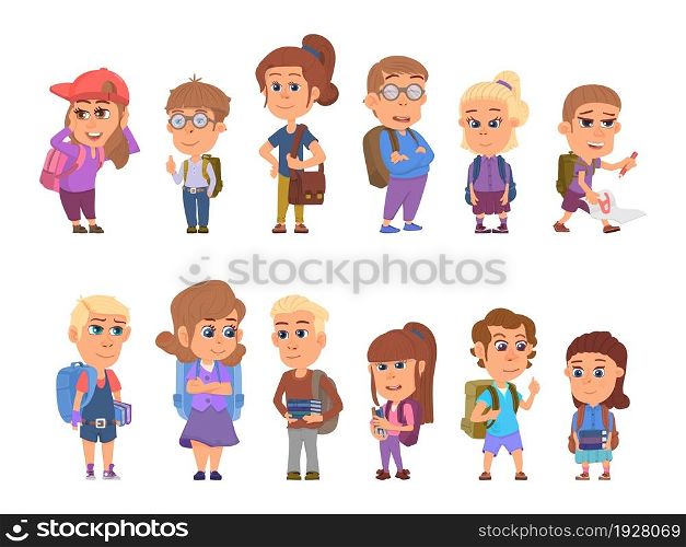 Back to school characters. Happy kids, student with books and backpack. Isolated cartoon teens, young smiling girls boys decent vector group. Illustration of character backpack in uniform. Back to school characters. Happy kids, student with books and backpack. Isolated cartoon teens, young smiling girls boys decent vector group