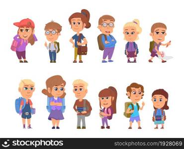 Back to school characters. Happy kids, student with books and backpack. Isolated cartoon teens, young smiling girls boys decent vector group. Illustration of character backpack in uniform. Back to school characters. Happy kids, student with books and backpack. Isolated cartoon teens, young smiling girls boys decent vector group