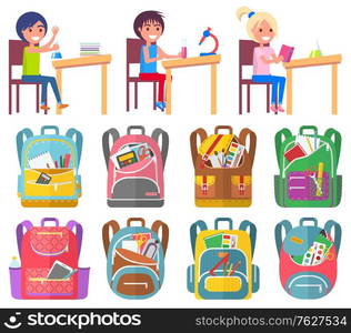 Back to school chemistry lesson, girl and boy with tube. Backpack with pen and notebook, full bag of office objects, smiling pupils at desktop vector. Back to school concept. Flat cartoon. Backpack and Pupils, Back to School, Lab Vector