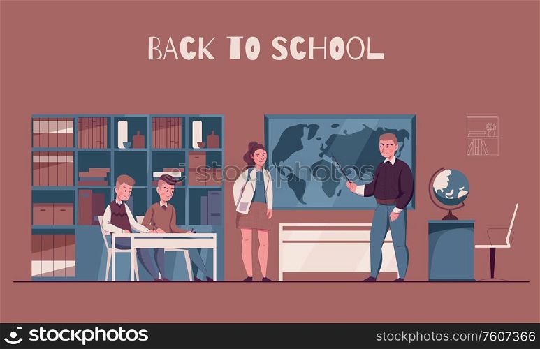 Back to school classroom interior flat composition with teacher and schoolgirl standing at board map vector illustration