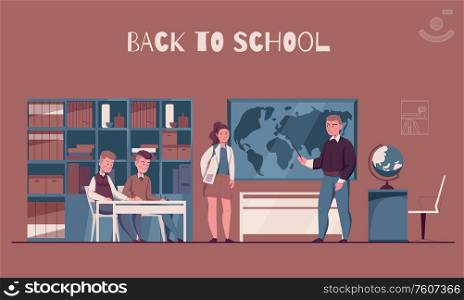 Back to school classroom interior flat composition with teacher and schoolgirl standing at board map vector illustration