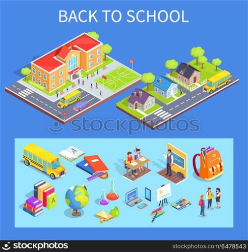 Back to School Collection of Illustrations on Blue. Back to school collection of isolated vector illustrations. Cartoon style residential area, educational institution and various objects below