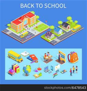 Back to School Collection of Illustrations on Blue. Back to school collection of isolated vector illustrations. Cartoon style residential area, educational institution and various objects below