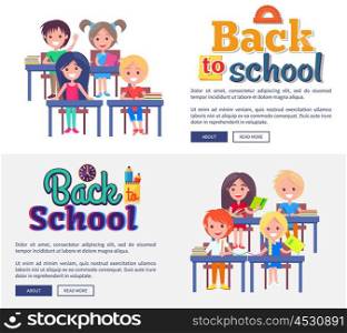 Back to School Collection of Posters on White. Back to school collection of posters with inscriptions isolated on white background. Vector illustration of boys and girl sitting at desks