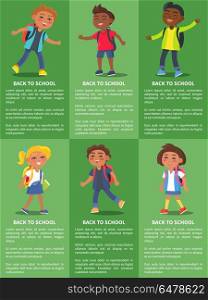 Back to School Collection of Posters with Kids. Back to school collection of posters with inscriptions. Isolated vector illustration of school-aged boys and girls on green background