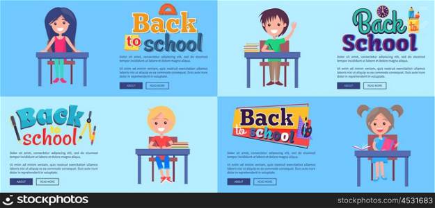 Back to School Collection of Posters with Pupils. Back to school collection of posters with pupils isolated on light blue background. Vector illustration of cheerful students during class