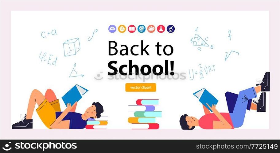 Back to school. Colorful banner on a white background. Two guys in different poses with books. Vector illustration.. Back to school. Colorful vector illustration, banner. Clipart on the topic of education, school.