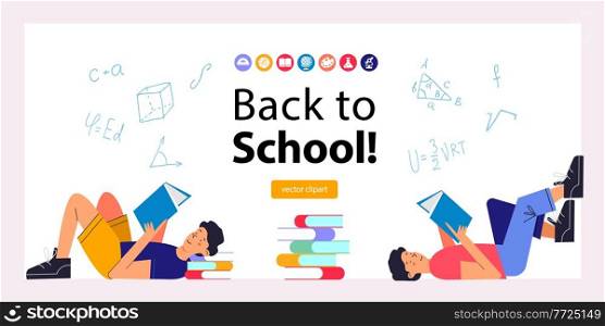 Back to school. Colorful banner on a white background. Two guys in different poses with books. Vector illustration.. Back to school. Colorful vector illustration, banner. Clipart on the topic of education, school.