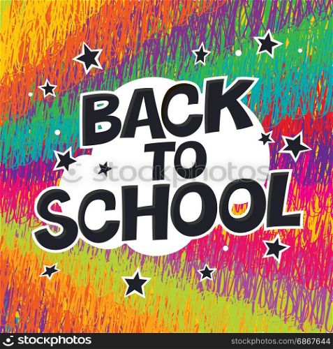 Back to school. Colorful poster with rays and stars. Comic alphabet.