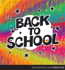 Back to school. Colorful poster with rays and stars. Comic alphabet.