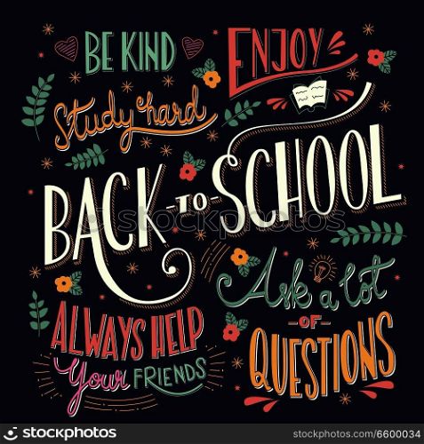 Back to school colorful typography drawing on blackboard with motivational messages, hand lettering, vector illustration