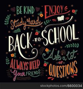 Back to school colorful typography drawing on blackboard with motivational messages, hand lettering, vector illustration