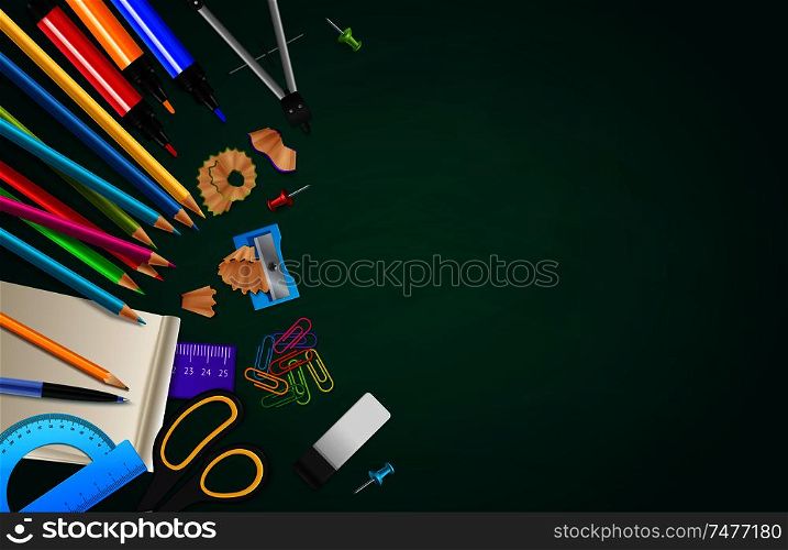 Back to school composition with various stationary objects on chalk board background realistic vector illustration