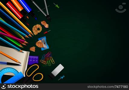 Back to school composition with various stationary objects on chalk board background realistic vector illustration