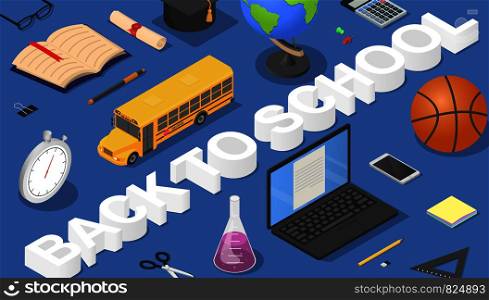 Back to school concept background. Isometric of back to school vector concept background for web design. Back to school concept background, isometric style