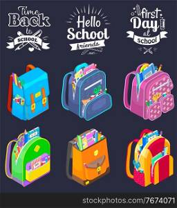 Back to school concept, black vector banner with bright schoolbags. Quote with school supplies. Back to school poster, kids bright backpacks with education equipment. Set of hand drawn icons on black. Back to school concept, black vector banner with bright schoolbags. Quote with school supplies
