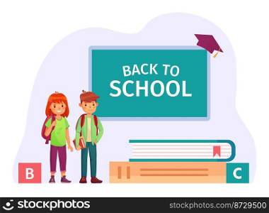 Back to school concept, boy and girl. Vector of education in school, students child back to study illustration. Back to school concept, boy and girl