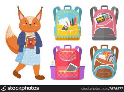 Back to school concept, colorful vector banner with schoolgirl fox student and bright schoolbags with school supplies. Kids bright backpacks with education equipment. Set of hand drawn icons on white. Back to school concept, colorful vector banner with schoolgirl fox student and bright schoolbags