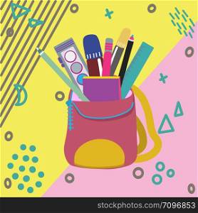 Back to school concept, flat design. Backpack, paints, crayons, pencils and school supplies in round shape with copyspace. . School supplies in backpack on bright background.